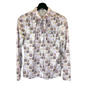 Vintage 70s Purple White Long Sleeve Floral Button Up Top Medium